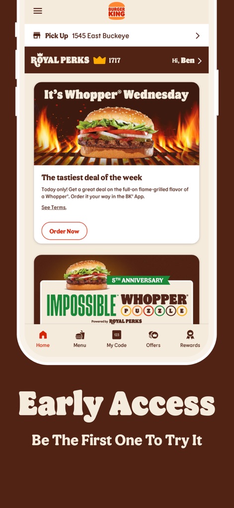 BURGER KING® App - 本アプリでは、「ワッパー®水曜日」のような期間限定の特別オファーや、「インポッシブルワッパー」の5周年記念パズルといった先行アクセスコンテンツが提供されます。