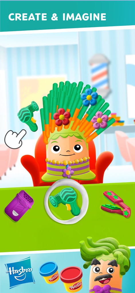 Budge World: Learning & Fun - This screenshot showcases an interactive styling game where users can creatively shape a character's hair using a hairdryer and adorn it with decorative flowers.