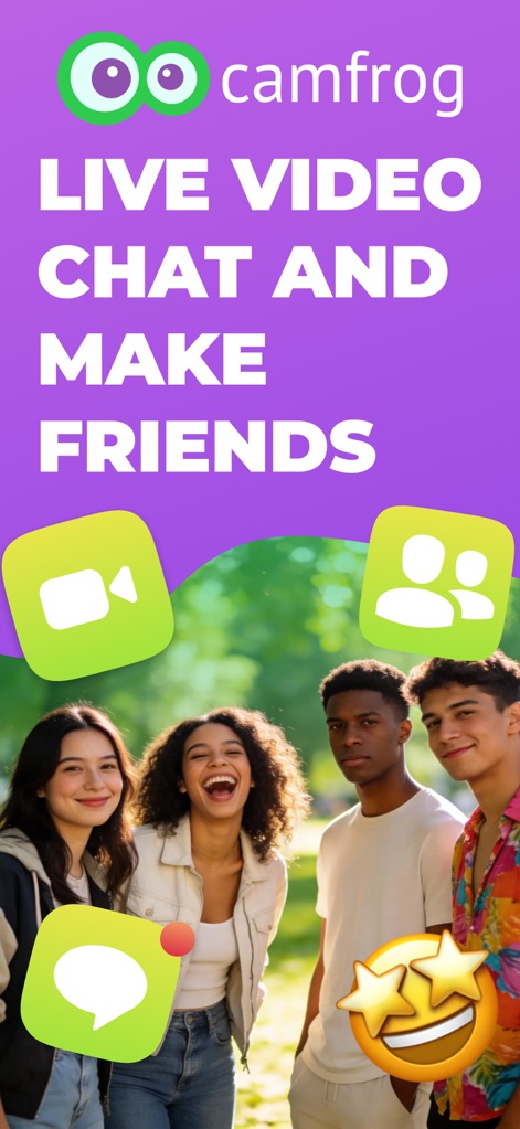 Camfrog: Live Video Chat Rooms - The app immediately highlights its core promise of live video chat and its diverse community of young adults.