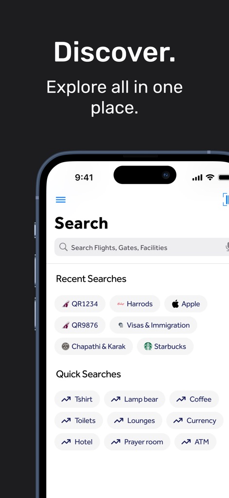 HIA Qatar - Users can quickly find information using the powerful 'Search bar' and leverage convenient 'Quick Searches' for popular options like 'Lounges' or 'ATM' services.