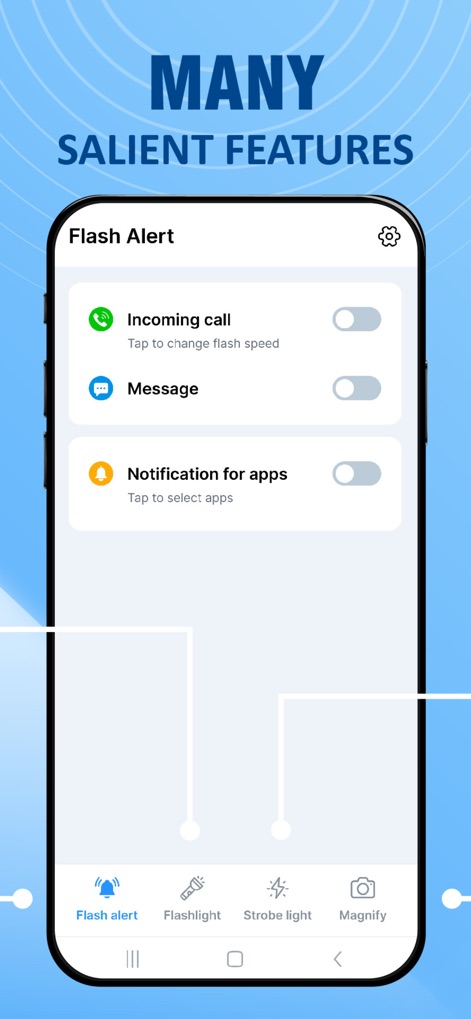 Flashlight: AI Torch Light - La aplicación presenta una pantalla de "Flash Alert" que permite a los usuarios activar o desactivar las alertas visuales para llamadas entrantes y mensajes, ofreciendo control sobre sus notificaciones.