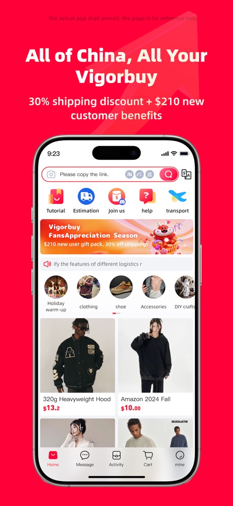Vigorbuy: China’s Best, Yours - The app's intuitive interface presents diverse product listings alongside a direct link paste search bar for seamless exploration.
