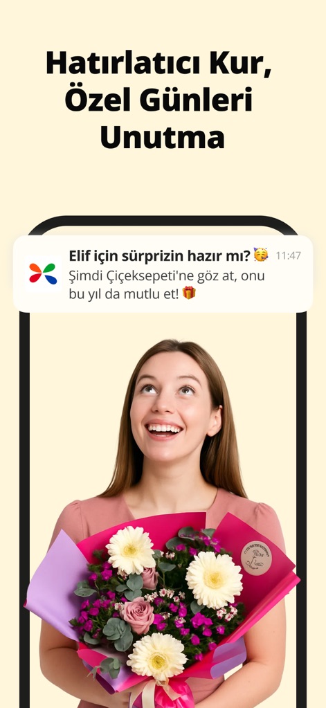 Çiçeksepeti - Çiçek & Hediye - L'application aide les utilisateurs à ne rien oublier grâce à des notifications de rappel personnalisées pour les anniversaires et occasions spéciales.