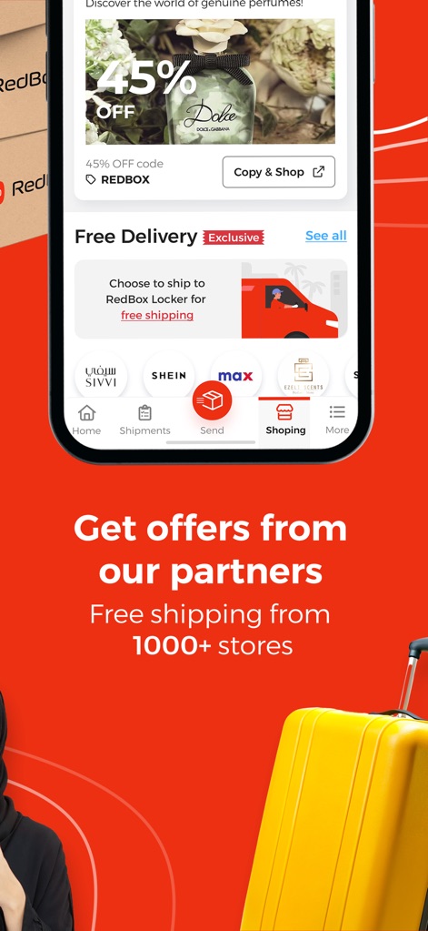 My RedBox - The 'Shopping' section presents exclusive partner deals, showcasing discounts like '45% OFF' from various popular online retailers.