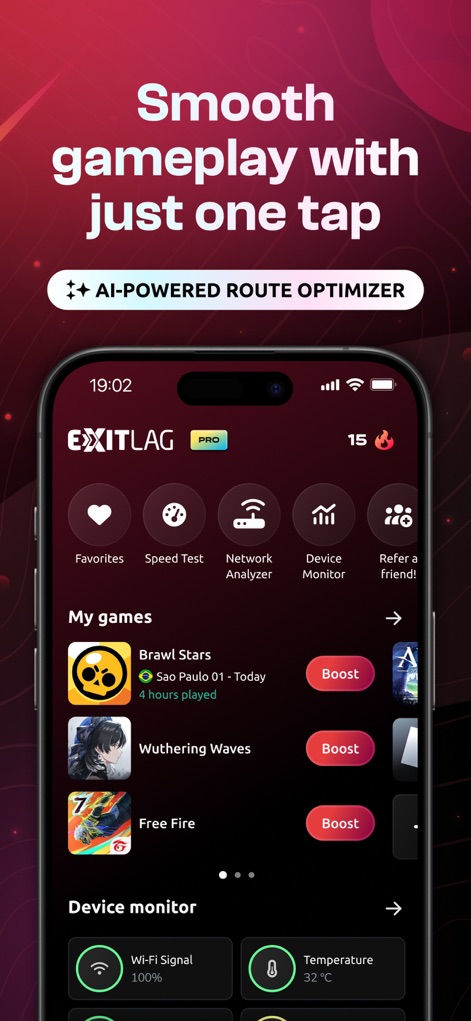 ExitLag: Lower your Ping - This tool showcases an intuitive 'My games' list for quick boosting and the 'AI-Powered Route Optimizer' banner for automatic connection enhancements.