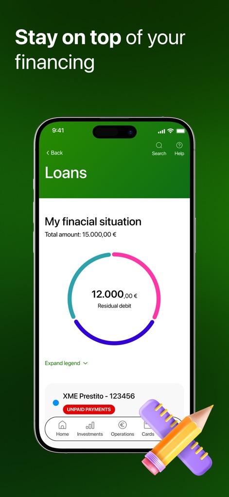 Intesa Sanpaolo Mobile - Users can efficiently track their loans through a dedicated 'Loans' section, complete with a visual donut chart depicting residual debt.