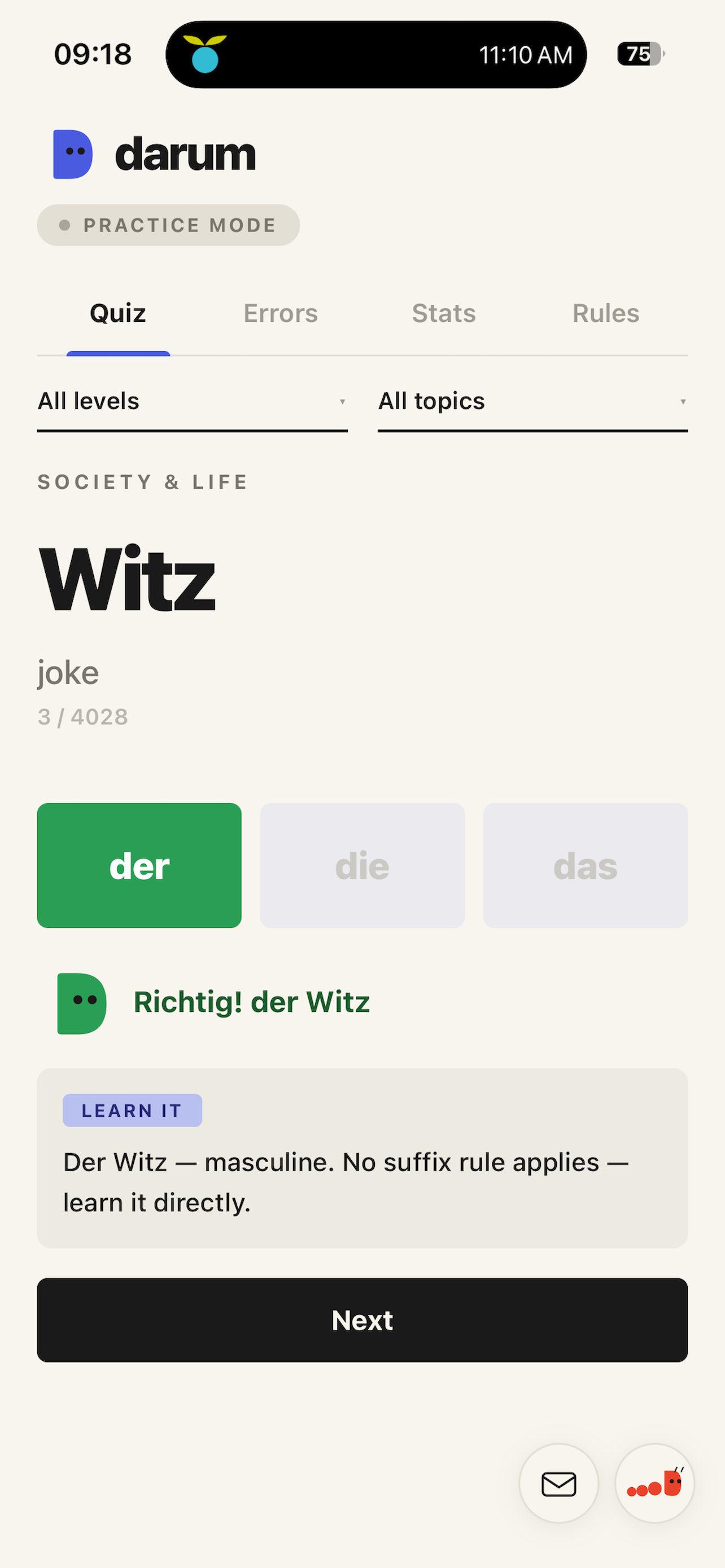 darum: learn German articles screenshot 2