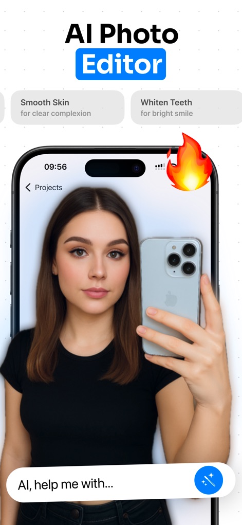 Drostudio: AI Photo Editor - L'app offre un editing fotografico avanzato, con opzioni rapide come "Smooth Skin" e "Whiten Teeth" per migliorare i ritratti, guidando gli utenti attraverso suggerimenti con il campo di testo "AI, help me with...".