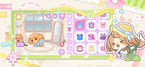 My Dog Town: Animal Sim Games - La aplicación permite a los usuarios vestir a sus adorables cachorros con una amplia variedad de atuendos, como se muestra con los vestidos vibrantes y los sombreros estilosos disponibles en el menú de personalización.