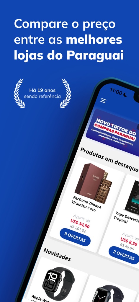 Compras Paraguai - L'application affiche clairement les produits phares avec leurs prix en devises multiples (USD, BRL) et indique le nombre d'offres disponibles, simplifiant la recherche du meilleur rapport qualité-prix.
