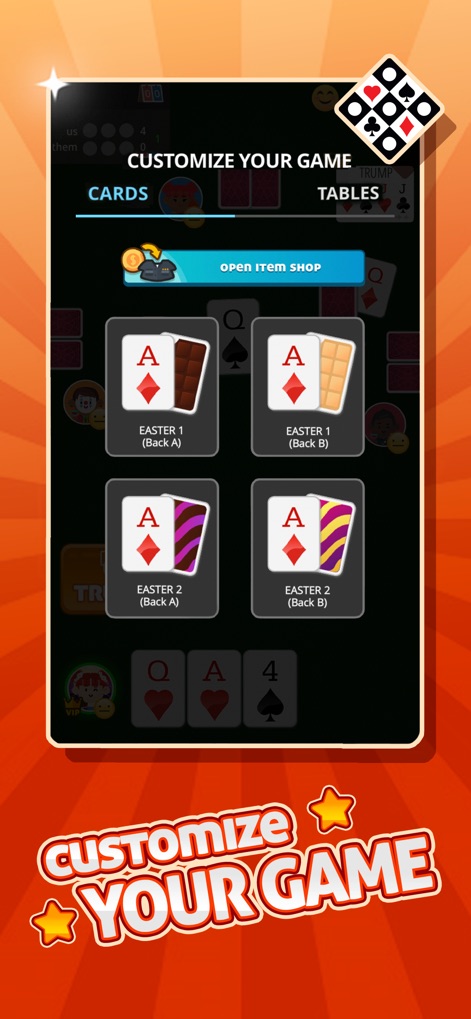 Truco GameVelvet - Card Game - Users can tailor their gameplay with various card back designs and explore further customization options in the item shop.