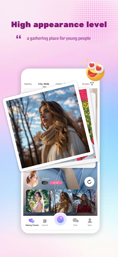 Private Meeting:Chat Nearby - L'app presenta profili utente dettagliati, dove gli utenti possono sfogliare foto accattivanti come quella principale in primo piano e le molteplici immagini visibili nel profilo di "Jimm", esplorando connessioni in base alla vicinanza o a livello di città.