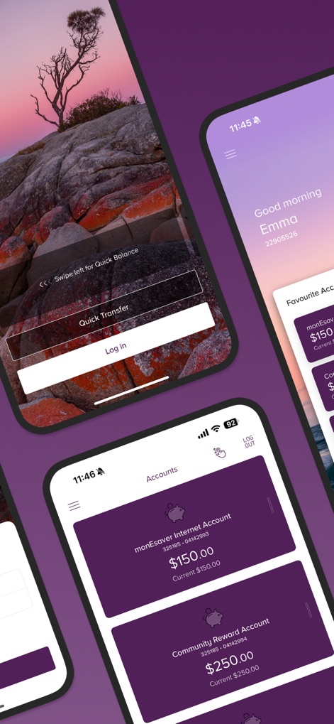 Beyond Bank - L'application permet aux utilisateurs de vérifier rapidement le solde de leurs comptes via un simple balayage ou d'effectuer des transferts express, optimisant l'accès aux fonctions de connexion et aux actions fréquentes dès l'écran d'accueil.