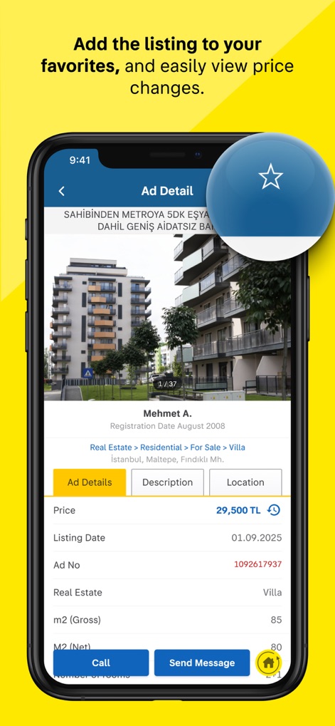 sahibinden #AlSatKiralaKesfet - Os usuários podem visualizar informações detalhadas sobre um imóvel, incluindo o preço e a opção de adicionar o anúncio aos favoritos com um toque.