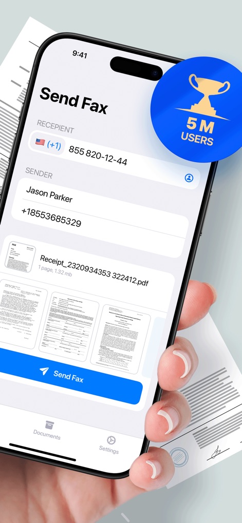 FaxFree: Send Fax From iPhone - Users can observe the intuitive 'Send Fax' interface, complete with fields for recipient and sender information and a clear preview of the document, highlighting the app's popularity with 5 million users.