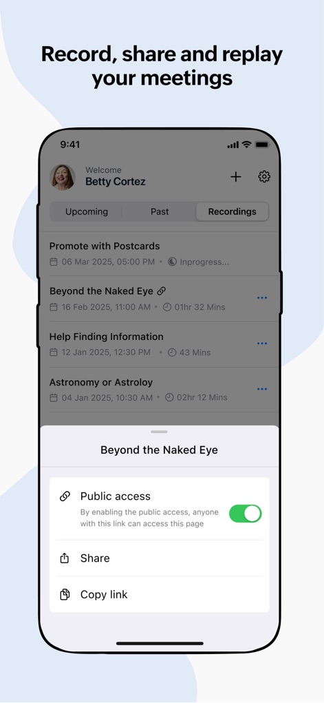 Zoho Meeting - Online Meetings - L'application assure un archivage sécurisé des enregistrements de réunions, avec des options de partage flexibles incluant un contrôle d'accès et la copie de liens.