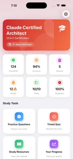 Captura de pantalla de Claude Architect Cert Assist en iPhone 1