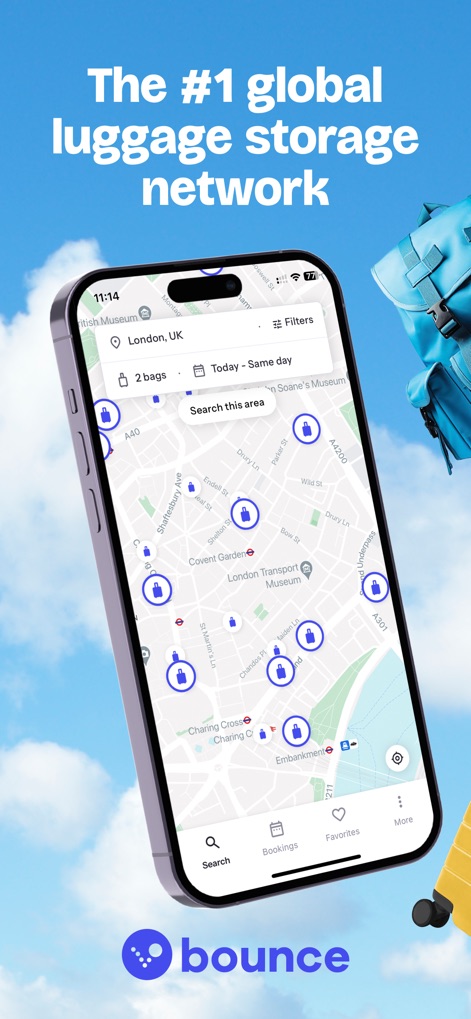 Bounce: Luggage Storage Nearby - 이 앱은 런던 지도를 통해 가까운 수하물 보관 장소를 시각적으로 표시하며, 사용자는 현재 날짜와 보관할 가방 수를 확인할 수 있습니다.