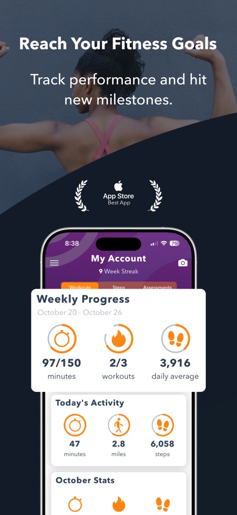 Sworkit Fitness & Wellness App - L'application permet de suivre le "Progrès Hebdomadaire" des utilisateurs et d'afficher en détail leur "Activité Quotidienne" pour rester motivé.