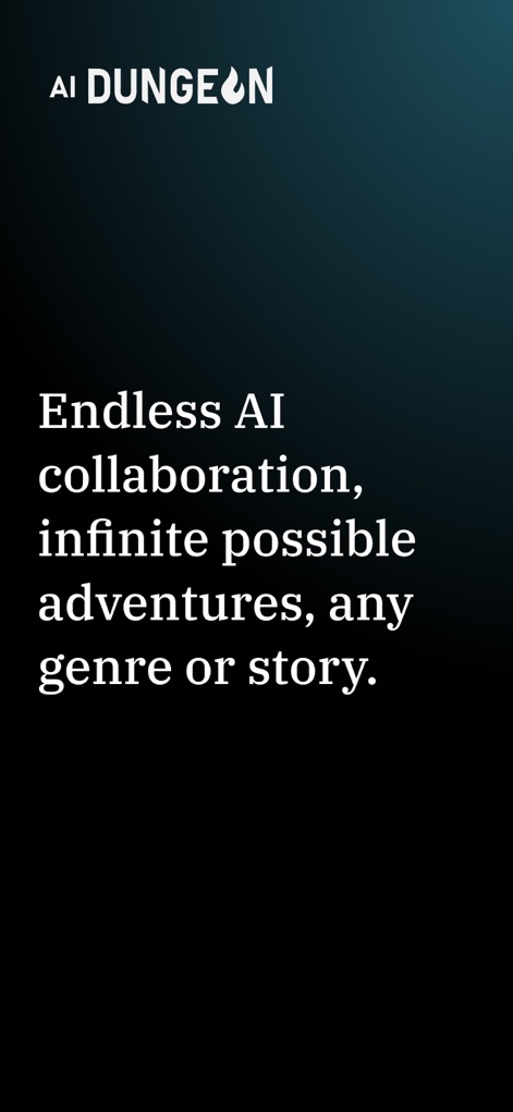 AI Dungeon: RPG & Story Maker - L'app si presenta con il suo distintivo logo "AI DUNGEON" e un testo evocativo, promettendo infinite possibilità narrative e una collaborazione AI senza limiti per ogni genere o storia.