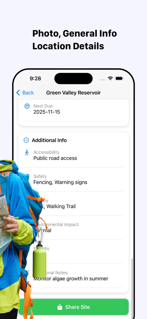 Natures GPS. - The app streamlines operational management by displaying maintenance schedules and allowing easy sharing of site information.