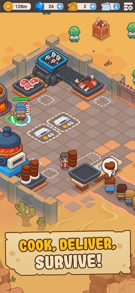 Idle Outpost Zombie Apocalypse - O sistema de produção do aplicativo permite aos usuários cozinhar carne em um forno, satisfazendo a fila de sobreviventes que aguardam por refeições.