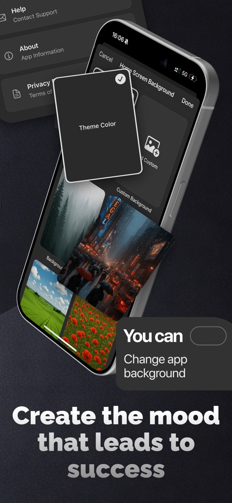Quotty: Motivational quotes - ユーザーは「ホーム画面の背景」を自由に選び、気分に合わせたビジュアルを作成できるほか、「テーマカラー」を設定して、アプリの見た目を自分好みに調整できます。