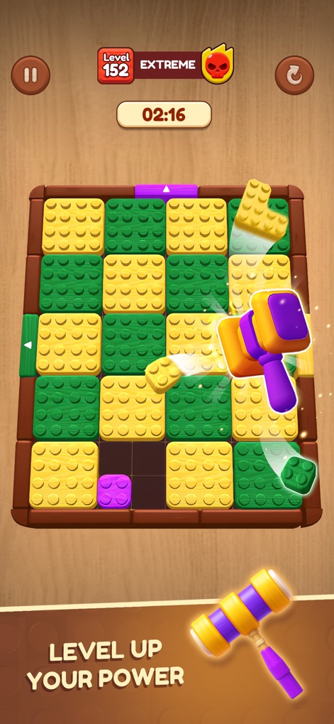 Wooden Slide: Block Escape - Witness the dynamic visual effect of powerful boosters in action, demonstrating how the hammer tool can strategically clear multiple blocks to overcome complex grid configurations.