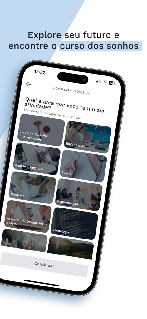 Duda - Explore the app's intuitive interface for career path discovery, offering a diverse grid of academic interest categories and clear prompts for users to identify their passions.