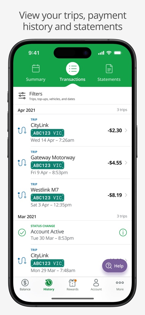 Linkt - The app provides a detailed financial overview, presenting "detailed trip history listings" and organizing information across "Summary, Transactions, and Statements tabs."