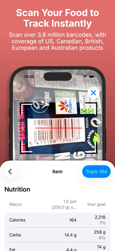 Gym Geek Calorie Counter - Users can quickly track food by utilizing the live barcode scanning interface, which instantly provides a detailed nutrition breakdown including calories, carbs, fat, and protein.