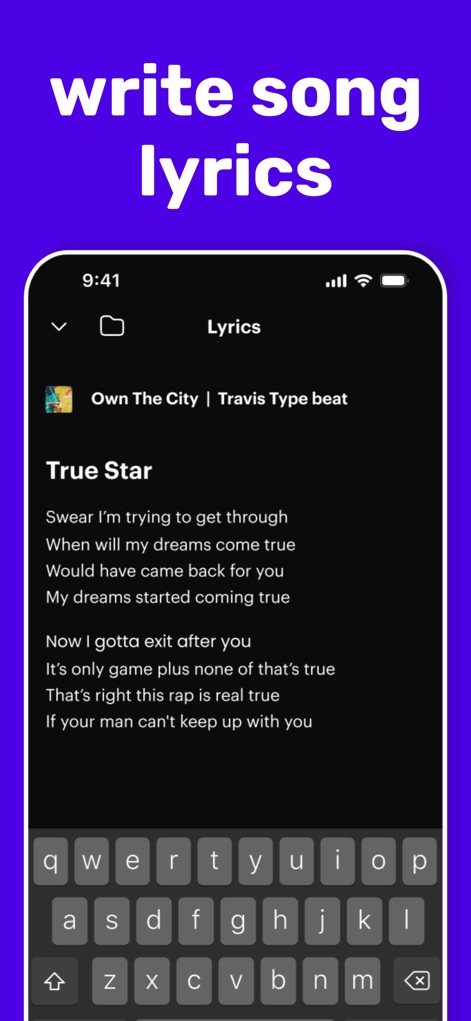 Rapchat: Music Maker Studio - This tool offers an integrated lyric pad for seamless songwriting, displaying current track details like 'Travis Type beat' alongside a dedicated text input area.