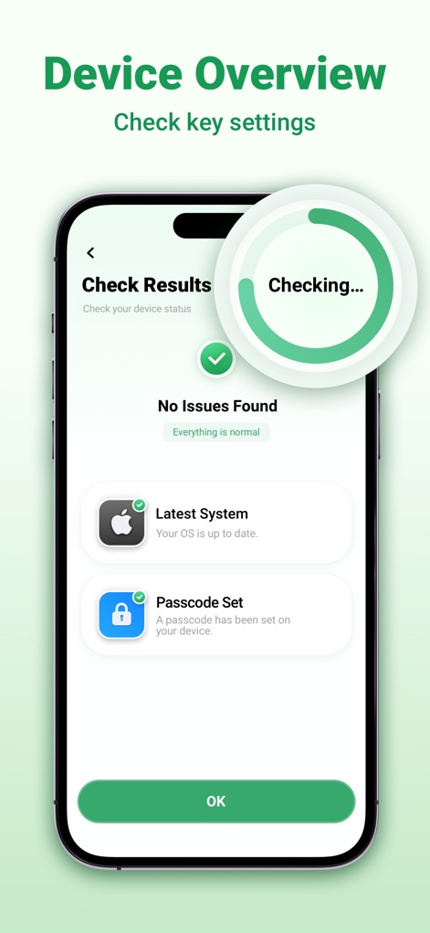 Smart Cleaner - Pro Security - The app performs a rapid device check, confirming the latest system updates and secure passcode settings for peace of mind.