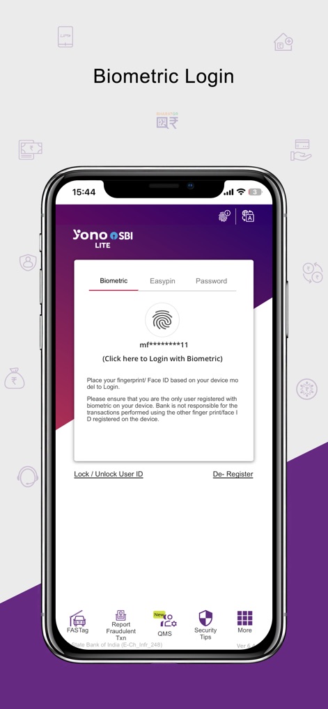 Yono Lite SBI - This login option allows users to securely access their accounts using fingerprint or Face ID authentication for enhanced security and convenience.