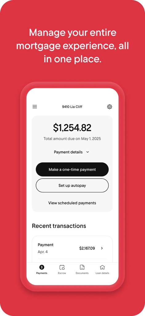 Rocket Mortgage - Users can easily view their total amount due and recent transactions, while also having options to make a one-time payment or set up autopay.