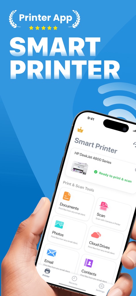Smart Printer App · Air Print - Esta herramienta muestra una interfaz clara para la impresión, destacando el estado de la impresora conectada y las diversas categorías de herramientas disponibles.