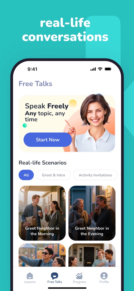 YayTalk: Learn & Speak English - Die App bietet realistische Konversationsszenarien im Bereich "Free Talks", wie "Greet Neighbor in the Morning", und die Möglichkeit, "Speak Freely Any topic, any time", um das flüssige Sprechen zu fördern.