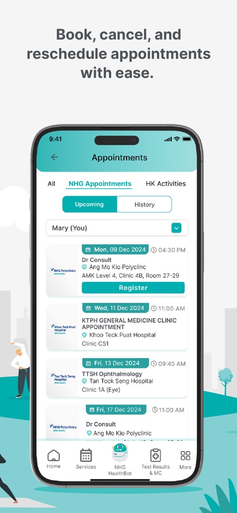 NHG Health - Users can easily view and manage their 'Upcoming' healthcare appointments, with clear details and a convenient 'Register' button for immediate action.