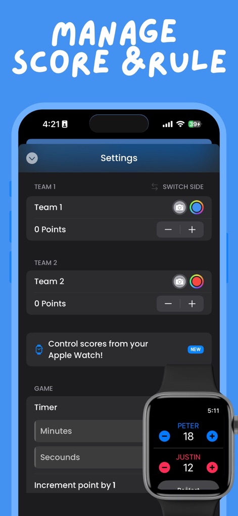 Scoreboard: Keep 2 Teams Score - Discover seamless Apple Watch control for score adjustments and flexible point increment settings for diverse games.