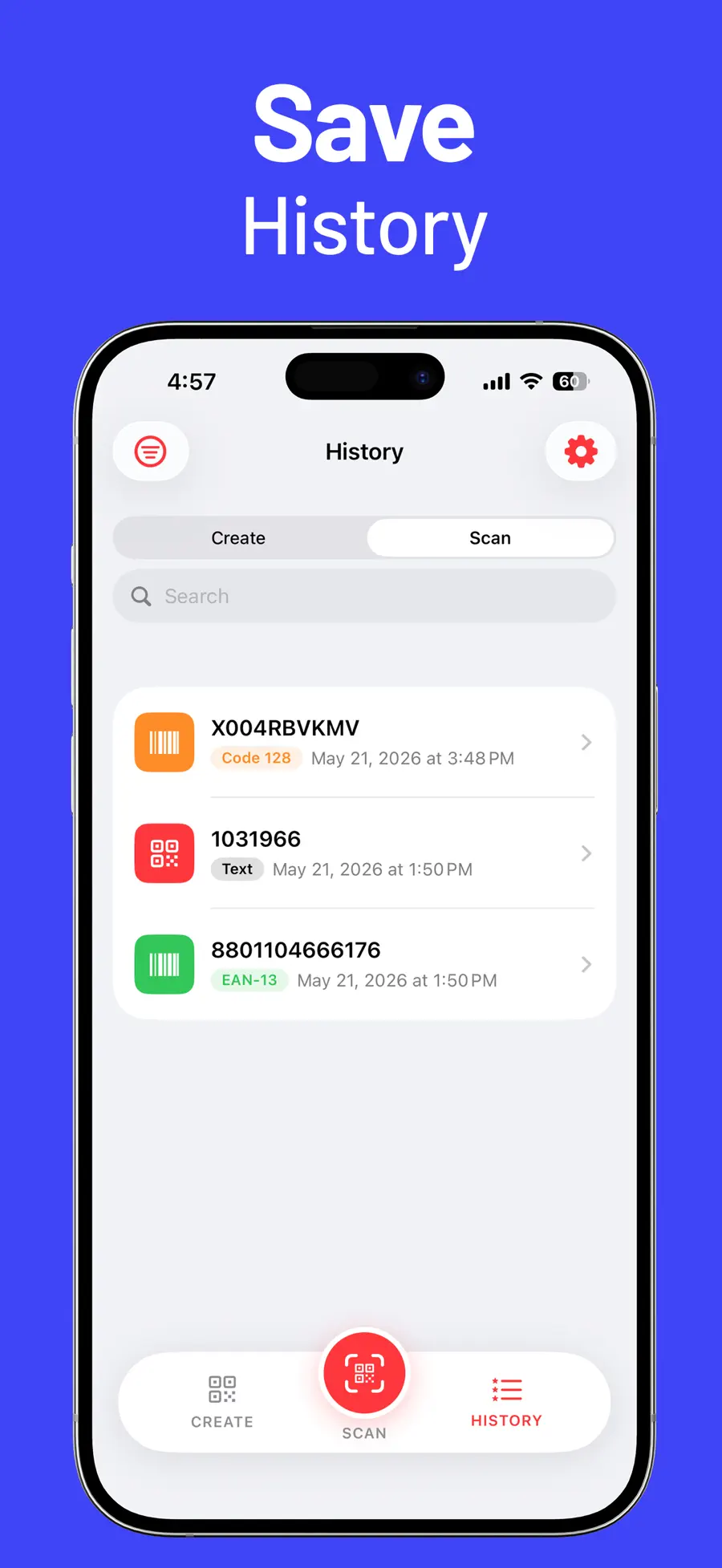 QR Reader & Creator showing QR scanning, QR creation types, and saved history on iPhone (5/6)