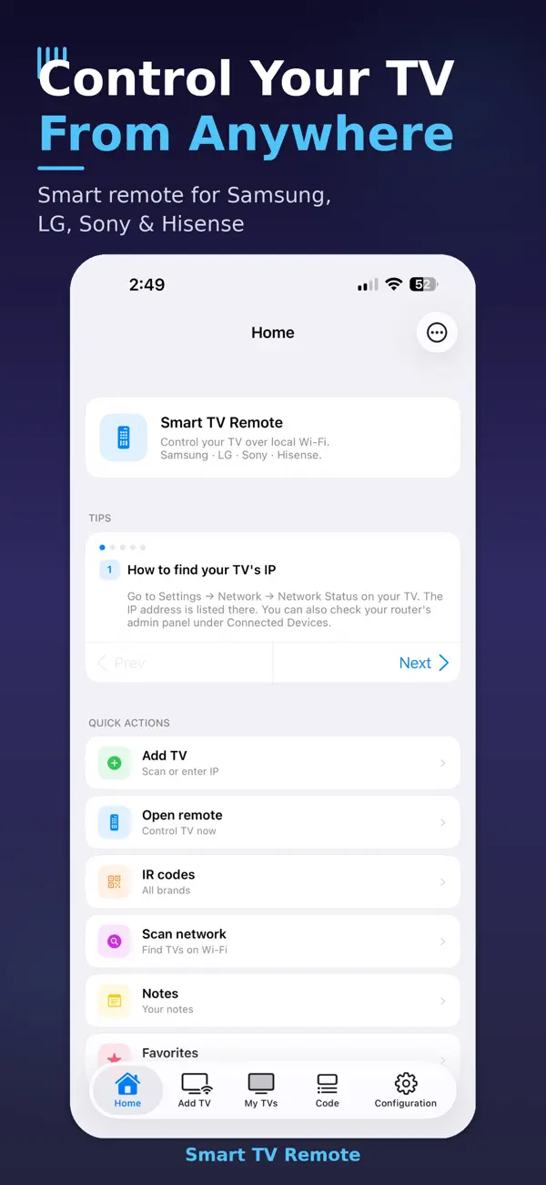 Screenshot #1 pour Smart TV Remote WiFi IP & Code