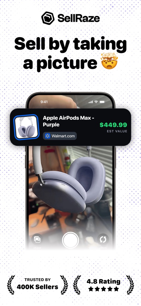 SellRaze: List, sell, earn - See how the app instantly identifies items like "Apple AirPods Max - Purple" and provides an estimated value of "$449.99" directly from a photo.