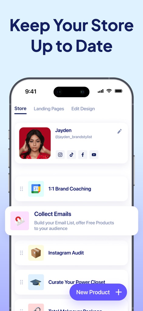 Stan: Link in Bio for Creators - Esta ferramenta exibe a interface de gerenciamento de produtos, onde os criadores podem listar e organizar suas ofertas, incluindo funcionalidades como um botão '+ New Product' para adicionar novos itens facilmente à sua loja.