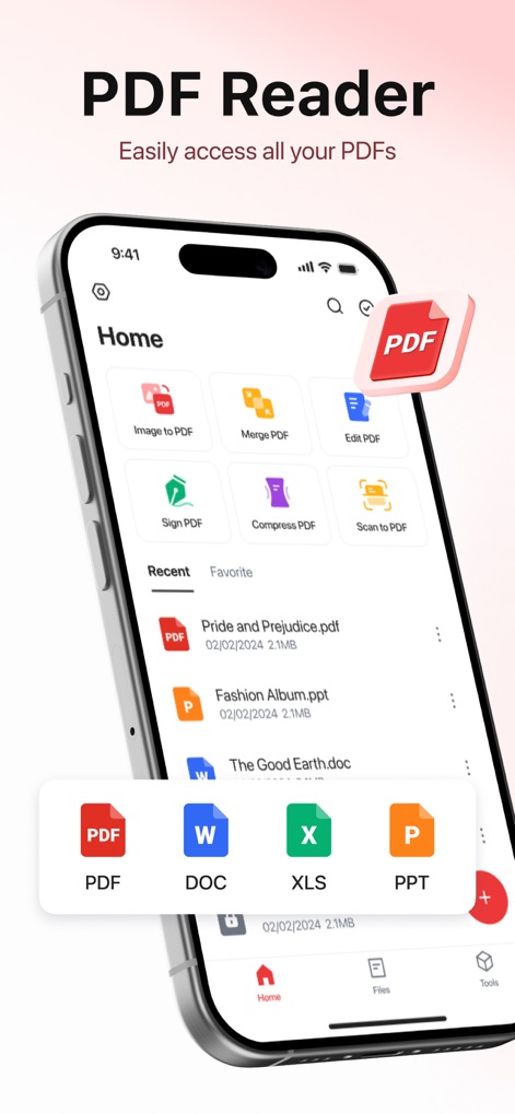 PDF Reader - Editor & Scanner - 本アプリの直感的なホーム画面では、PDF変換や署名などの主要機能に素早くアクセスでき、WordやExcelファイルも直接管理できます。