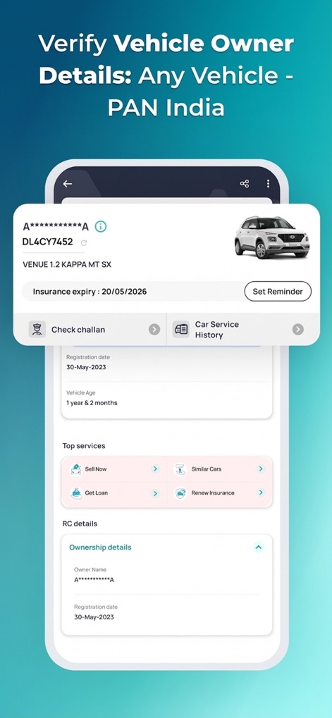 CarInfo - Vehicle Information - This view highlights the app's ability to verify vehicle owner details PAN India and presents a comprehensive card with key registration and ownership information.