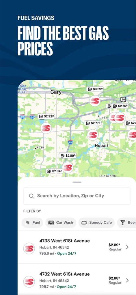 Speedway: Rewards & Shopping - Utilize the "FIND THE BEST GAS PRICES" feature on the interactive map, complemented by detailed filtering options for amenities like Car Wash and ATM availability.