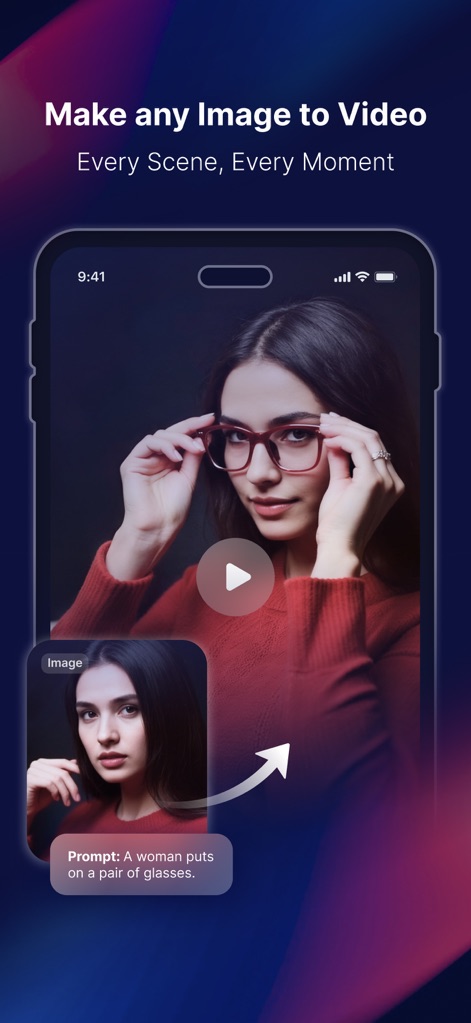 DeeVid - AI Video Generator - 이 기능은 원본 사진 한 장을 움직이는 비디오로 변환하여, 여성이 안경을 쓰는 역동적인 장면을 AI가 자동으로 만들어냅니다.