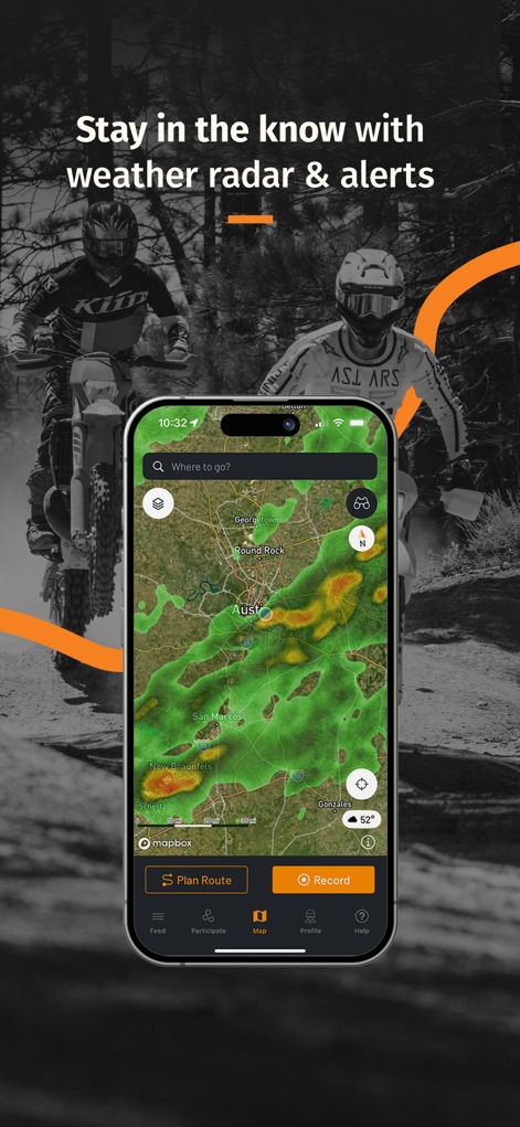 REVER - Motorcycle GPS & Rides - Riders stay informed about changing conditions with the app's real-time weather radar overlay, visually depicting active weather patterns and providing timely alerts on the map interface.