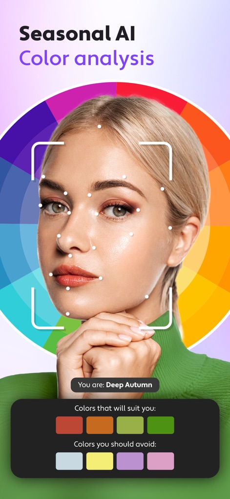 Cosmo: AI Editor, Hair Filters - The app provides an AI-driven seasonal color analysis, pinpointing the user's optimal palette and suggesting colors that will suit them best.