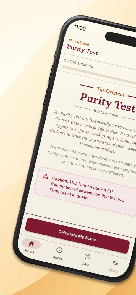 Rice Purity Test app home screen with 100 questions